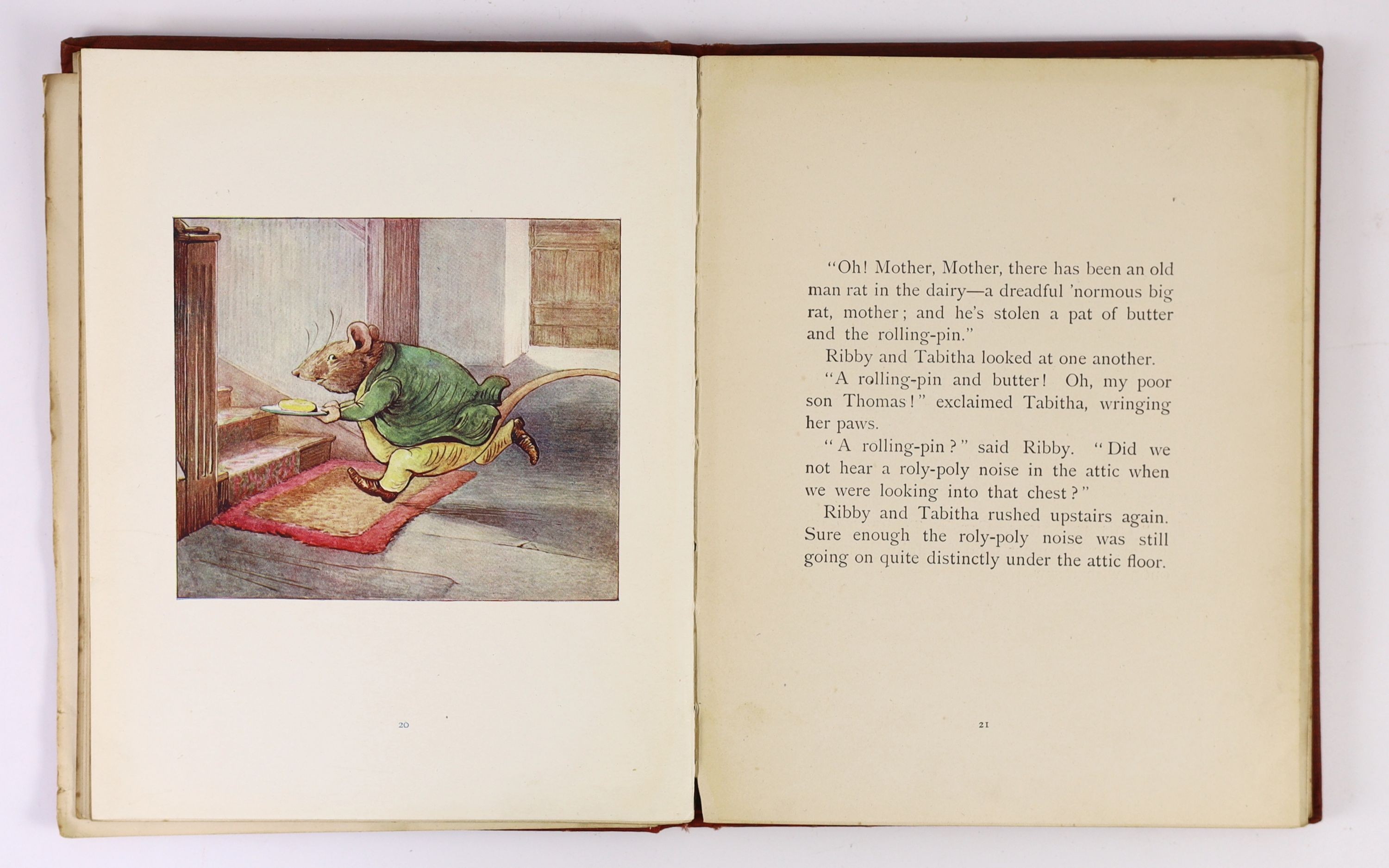 Potter, Beatrix - The Roly-Poly Pudding. First Edition (1st issue), coloured pictorial title, 18 full page coloured and num. text illus., half title; publisher's red cloth with coloured illus. mounted on upper board with